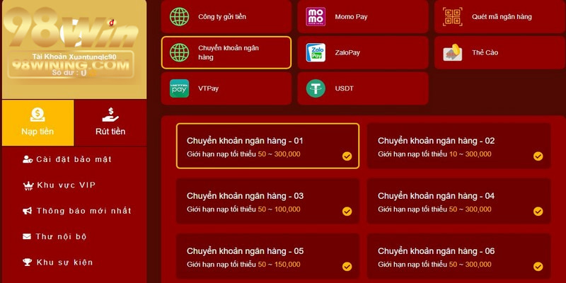Nạp tiền 98win bằng cách chuyển khoản qua ngân hàng cực nhanh chóng